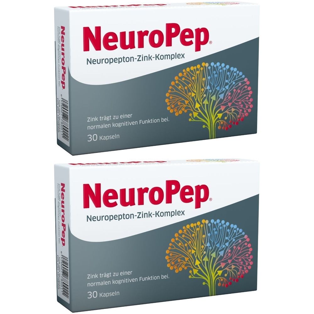 Zwei Schachteln NeuroPep. Aufschrift: Neuropepton-Zink-Komplex. Enthält 30 Kapseln. Zink trägt zu einer normalen kognitiven Funktion bei.