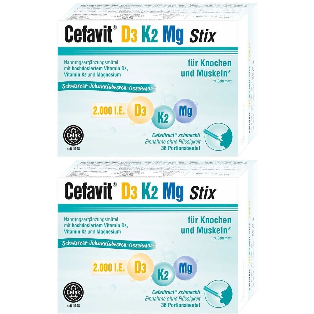Zwei Packungen Cefavit D3 K2 Mg Stix. Aufschrift: Nahrungsergänzungsmittel, 2.000 I.E. D3, K2, Mg, für Knochen und Muskeln.