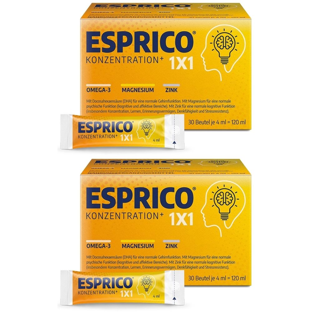 Zwei Packungen Esprico® 1x1. Gelbe Schachteln mit Produktnamen und Inhaltsstoffen. Einzelne Beutel mit Produktnamen liegen davor.