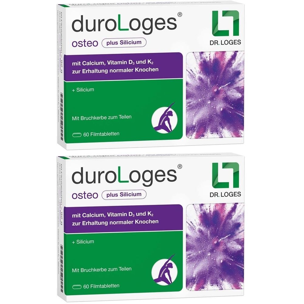 Zwei Schachteln duroLoges osteo. Weiße Verpackung mit grünen und violetten Akzenten. Text: Calcium, Vitamin D, K, zur Erhaltung normaler Knochen.