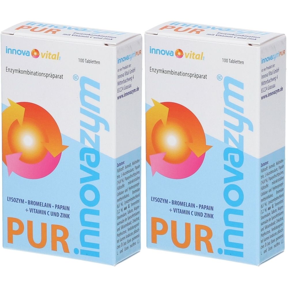 Zwei Schachteln Innovazym PUR. Weiße Verpackung mit blauer und orangefarbener Grafik. Enthält 100 Tabletten. Aufschrift: Lysozym, Bromelain, Papain, Vitamin C und Zink.