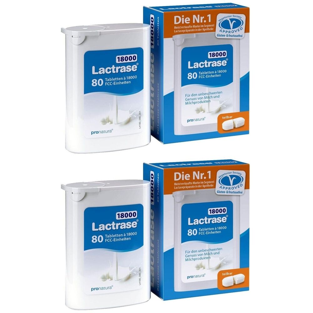 Zwei Packungen Lactrase Tabletten. Weiße Tabletten in einer weißen Dose und einer blauen Schachtel mit Text.
