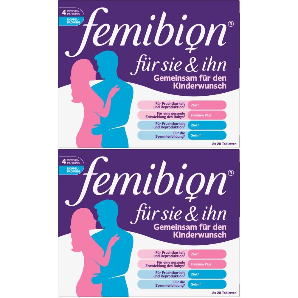 Zwei Packungen Femibion für Sie & Ihn. Lila Verpackung mit Paar-Silhouette. Text: Gemeinsam für den Kinderwunsch.