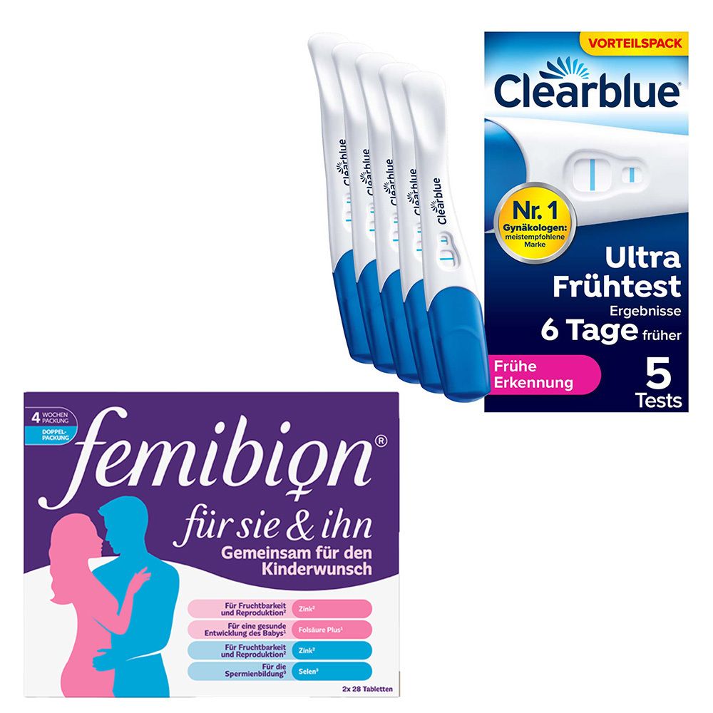 Packung Femibion für Sie & Ihn, Clearblue Schwangerschaftstest, 5 Tests. Produkte zur Unterstützung bei Kinderwunsch.