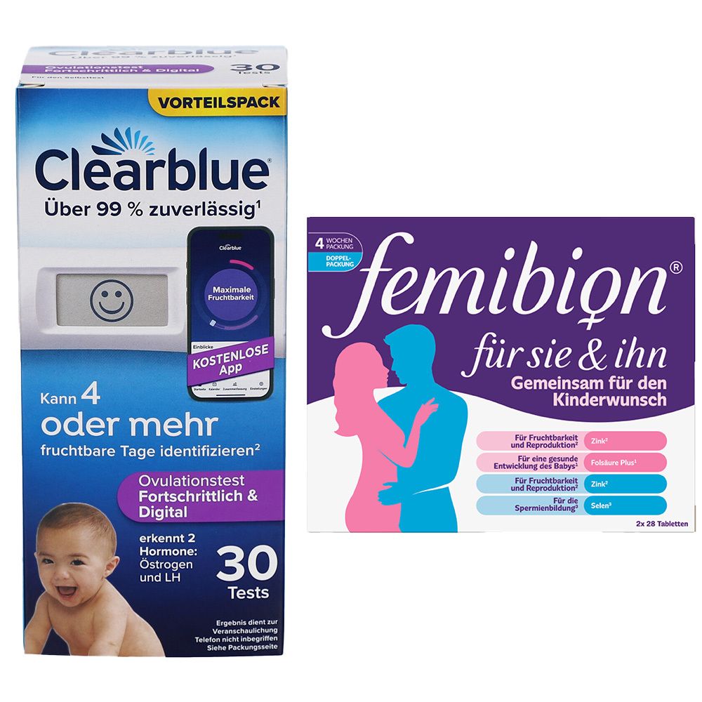 Packung Clearblue Ovulationstest und Femibion Tabletten. Ovulationstest mit digitaler Anzeige. Femibion für Sie & Ihn.