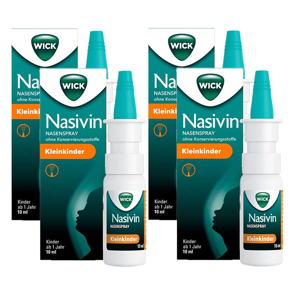 Mehrere Packungen und Flaschen Nasivin Nasenspray für Kleinkinder. Verpackung mit Logo und Produktbezeichnung. Flaschen mit Sprühaufsatz.