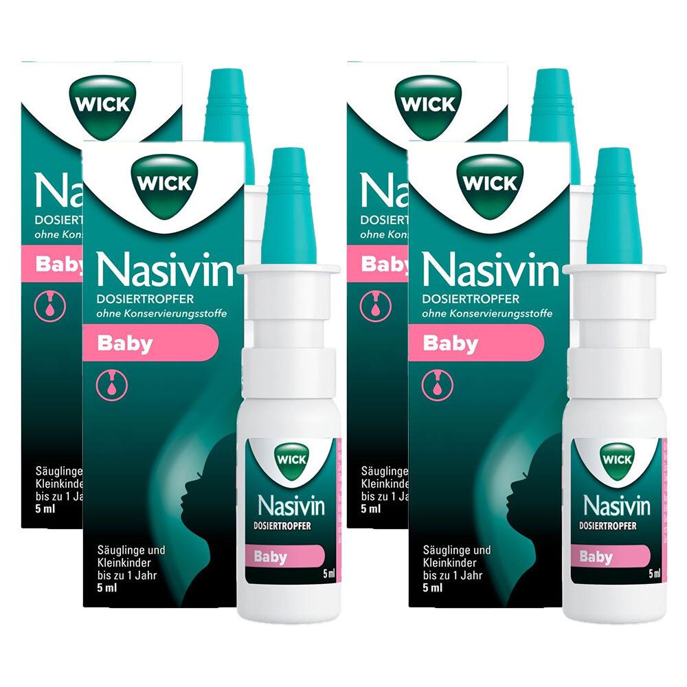 Mehrere Packungen und Flaschen Nasivin Dosiertropfer Baby. Flaschen mit Dosierspitze, Verpackung mit Produktnamen und Logo.