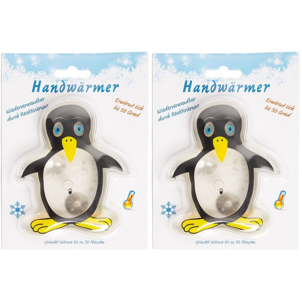 Zwei Handwärmer in Pinguinform auf Verpackung. Schwarze, weiße und gelbe Pinguinform. Text: Handwärmer, wiederverwendbar, bis 50 Grad.