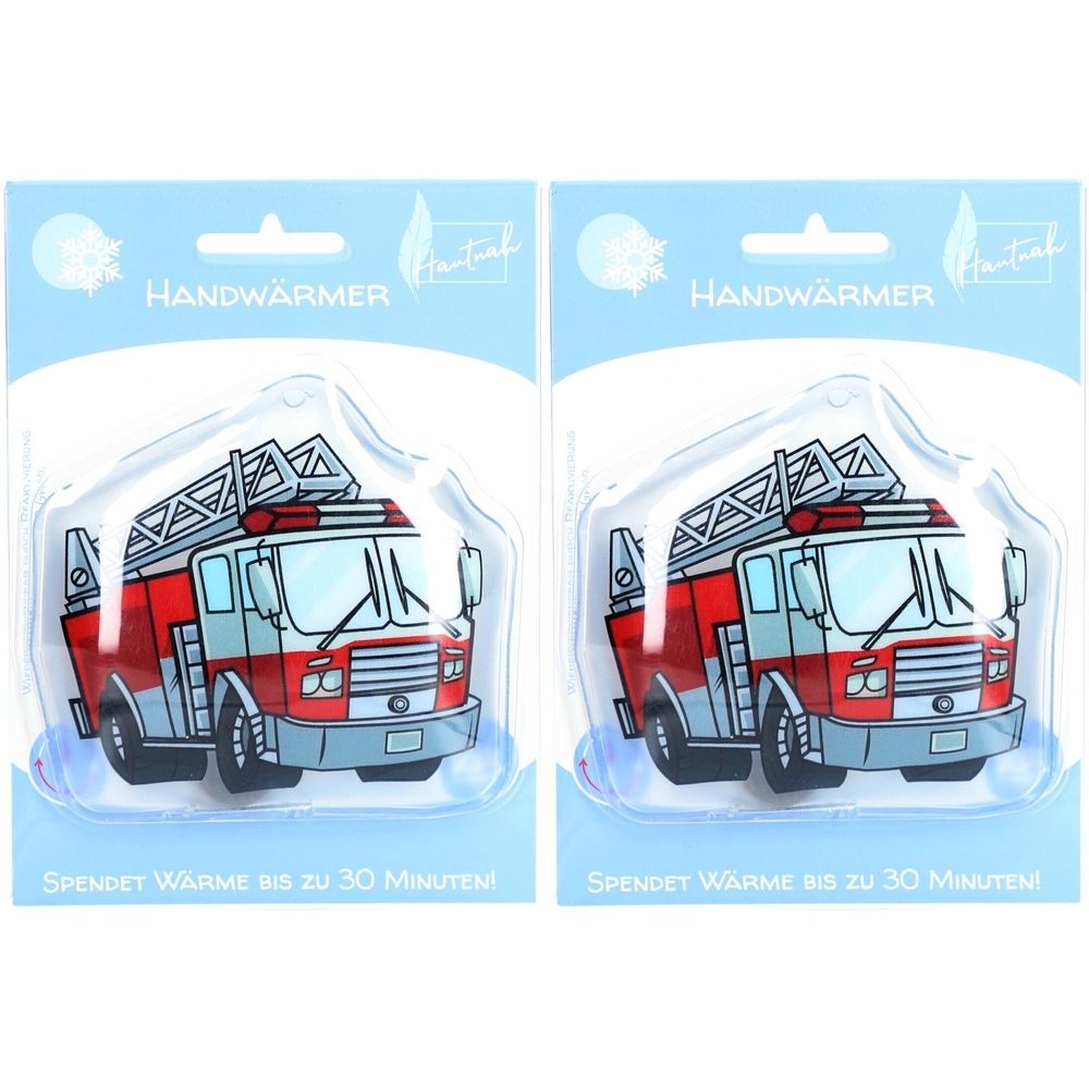 Zwei Handwärmer in Form eines Feuerwehrautos in Blisterverpackung. Aufschrift: Handwärmer. Text: Spendet Wärme bis zu 30 Minuten!