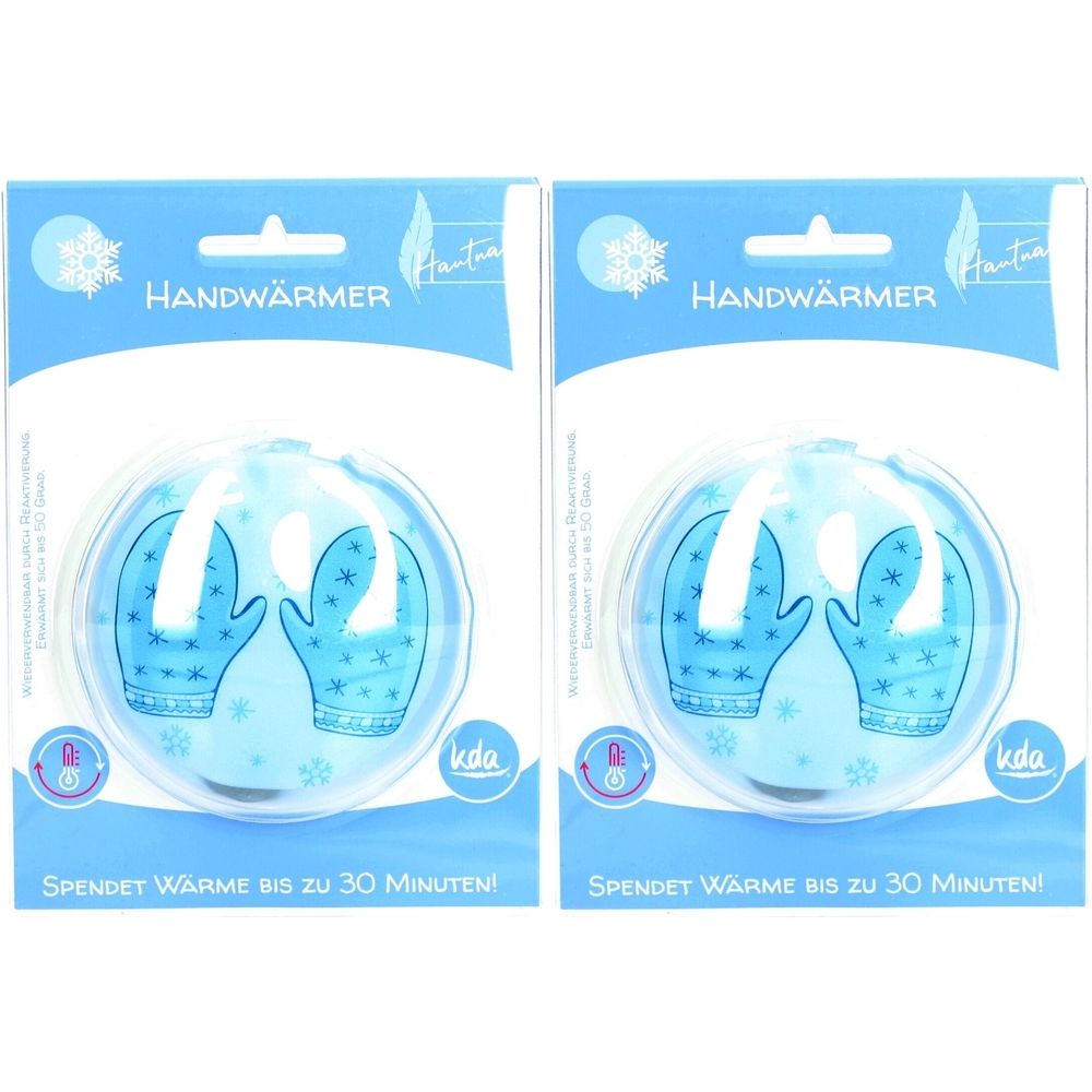 Zwei Handwärmer-Verpackungen. Blaue Verpackung mit Handschuh-Motiv. Text: Handwärmer, kda, Spendet Wärme bis zu 30 Minuten.