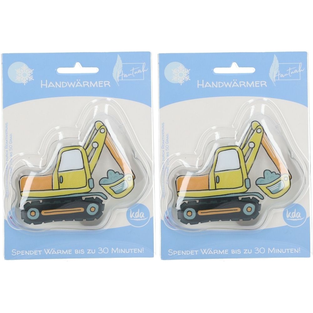Zwei Handwärmer Bagger in Blisterverpackung. Gelb, orange und blau. Text: Handwärmer, Spendet Wärme bis zu 30 Minuten.
