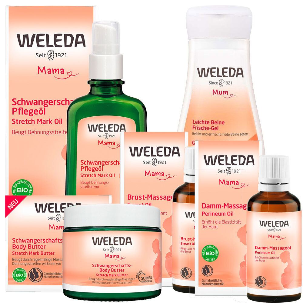 Verschiedene Weleda Mama Produkte: Schwangerschafts-Pflegeöl, Body Butter, Brust-Massageöl, Damm-Massageöl und Leichte Beine Frische-Gel. Verpackungen mit Logo.