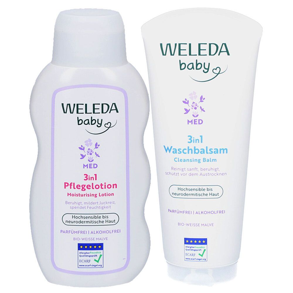 Zwei weiße Flaschen. Links: Weleda Baby Med 3in1 Pflegelotion. Rechts: Weleda Baby Med 3in1 Waschbalsam. Text und Logo.