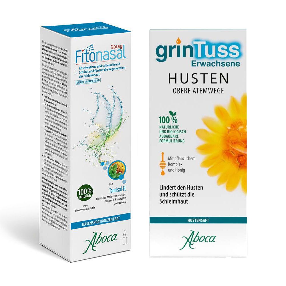Zwei rechteckige Verpackungen. Links: Fitonasal Nasenspraykonzentrat. Rechts: Grintuss Hustensaft. Beide mit Logos und Produktinformationen.