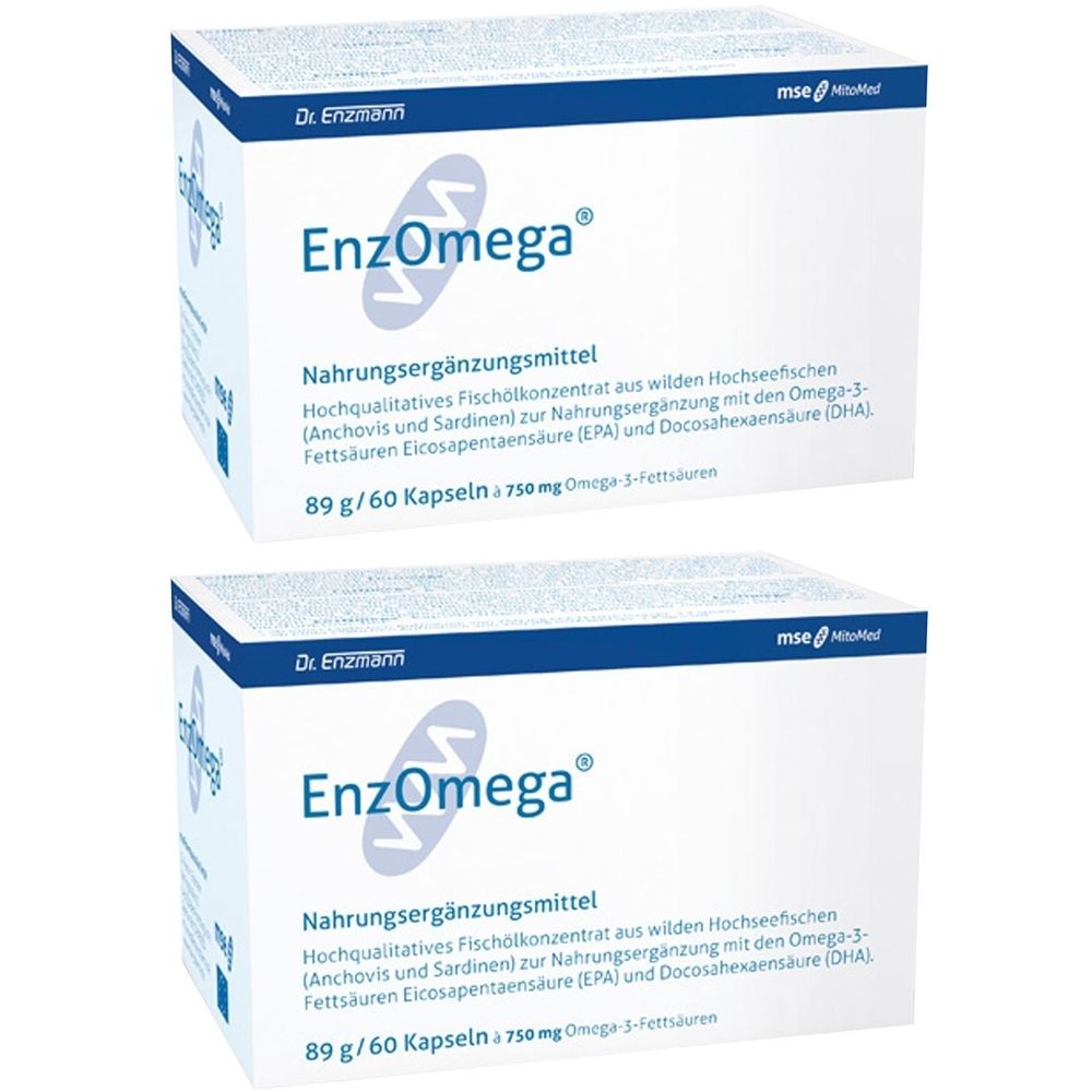 Zwei weiße Kartons mit der Aufschrift EnzOmega. Text: Nahrungsergänzungsmittel. Enthält Fischölkonzentrat. 89g/60 Kapseln.