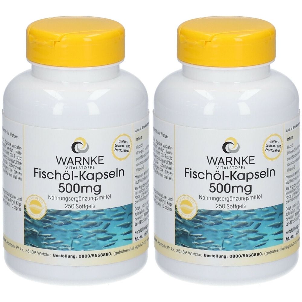 Zwei weiße Flaschen mit gelben Deckeln. Auf den Etiketten steht "WARNKE Fischöl-Kapseln 500mg". 250 Softgels. Nahrungsergänzungsmittel.
