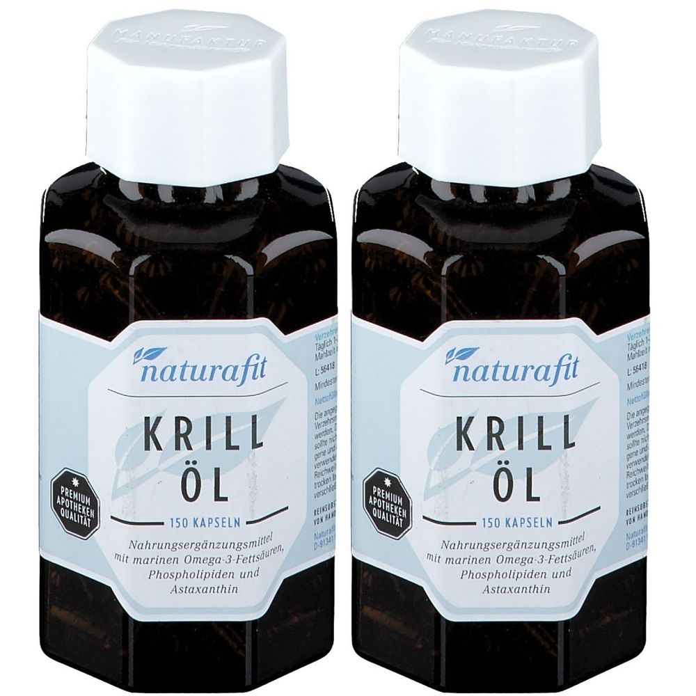 Zwei Flaschen mit weißem Deckel. Auf dem Etikett steht naturafit Krill Öl, 150 Kapseln. Nahrungsergänzungsmittel.