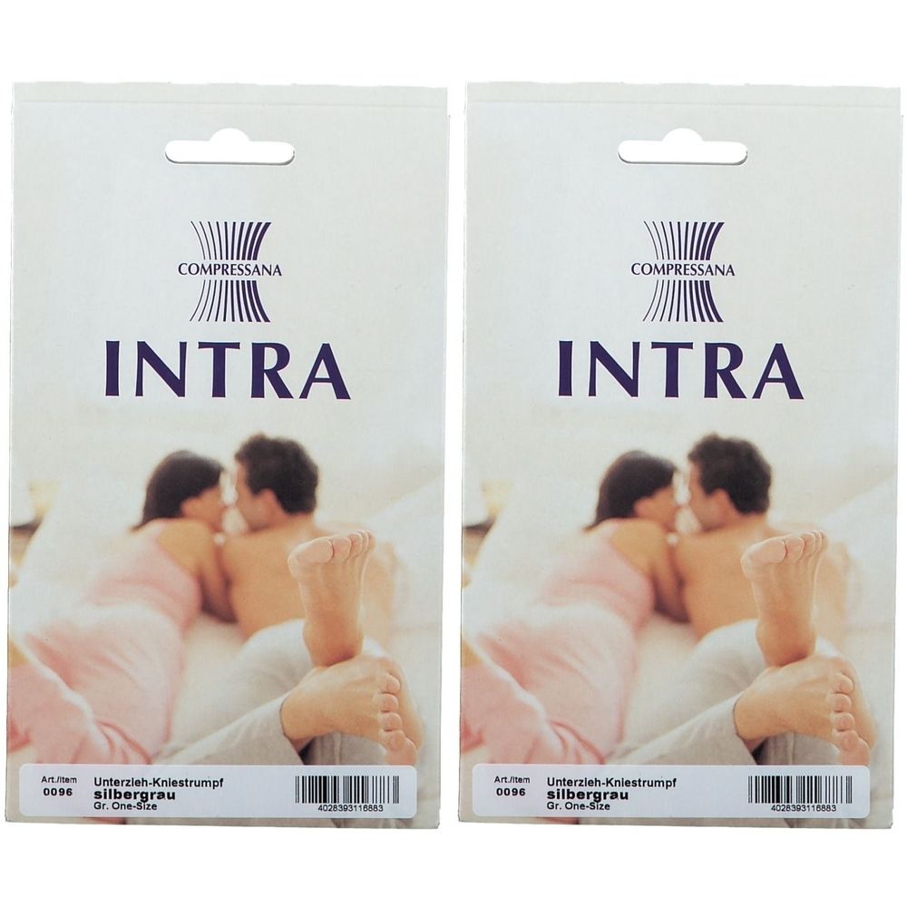 Zwei Packungen Compressana Intra Unterzieh Kniestrümpfe. Weiße Verpackung mit Logo, Produktname und Abbildung eines Paares. Graue Schrift.