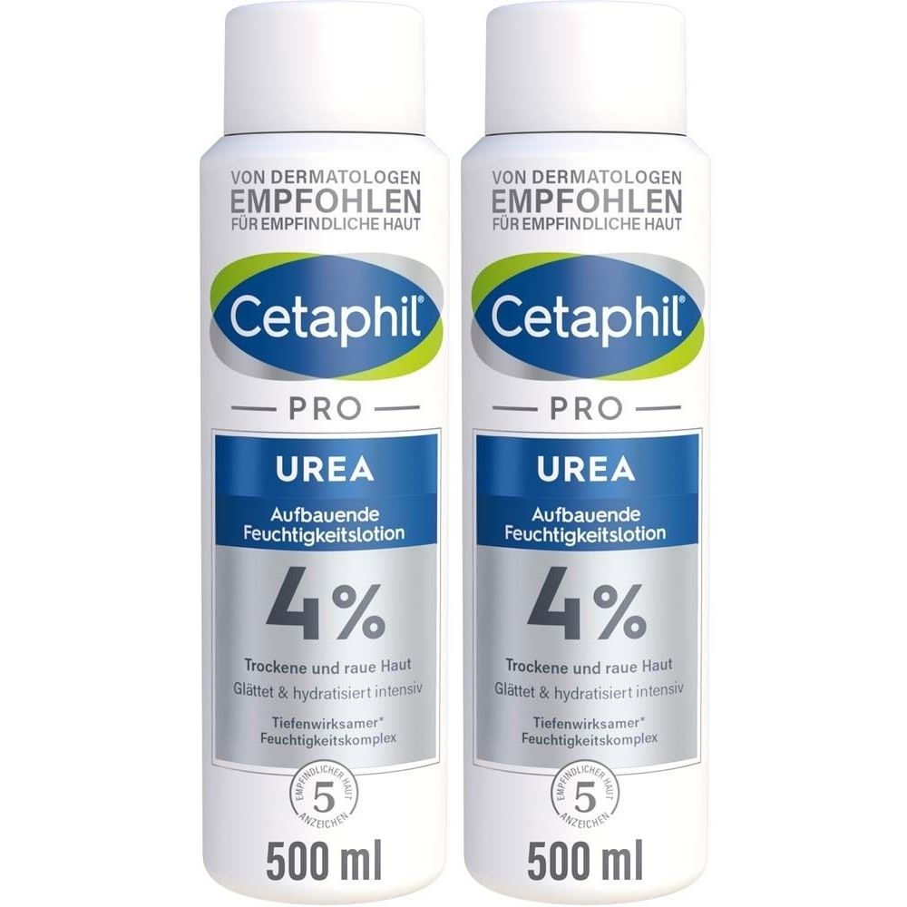 Zwei weiße Flaschen CETAPHIL PRO Urea Feuchtigkeitslotion. Aufschrift: 4%, für trockene Haut. 500 ml.
