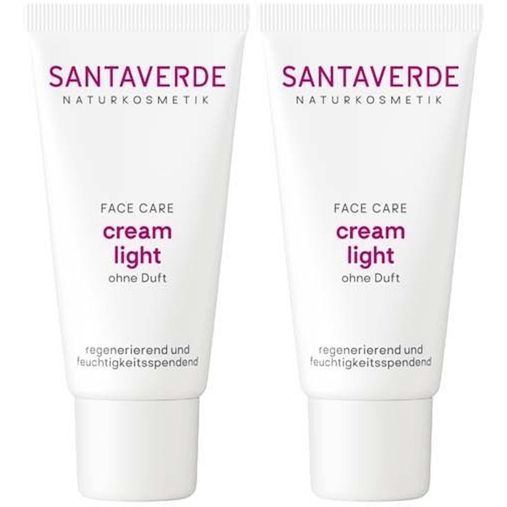 Zwei weiße Tuben mit lila Schriftzug. Aufschrift: SANTAVERDE, cream light ohne Duft. Text: regenerierend und feuchtigkeitsspendend.