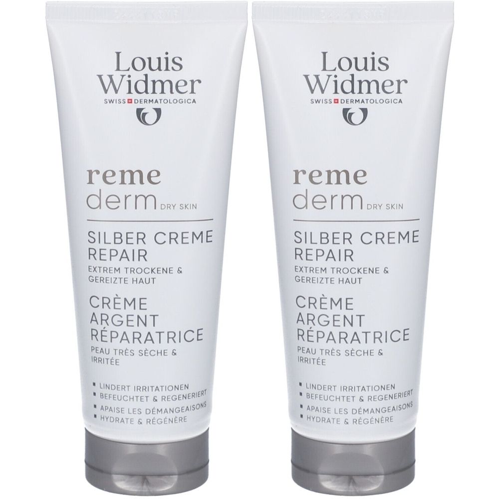 Zwei Tuben Creme, weiß mit grauer Schrift. Aufschrift: Louis Widmer, Remederm Silber Creme Repair.