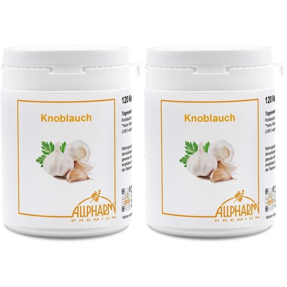 Zwei weiße Behälter mit Deckel. Aufdruck: Knoblauch, Knoblauch-Abbildung, ALLPHARM PREMIUM Logo.