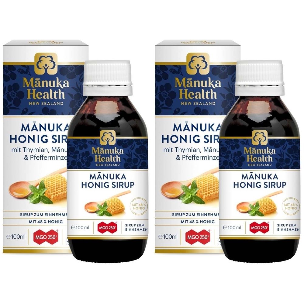 Zwei Flaschen und Verpackungen. Aufschrift: Mānuka Health HONIG SIRUP. Enthält Thymian, Manuka & Pfefferminze. MGO 250.