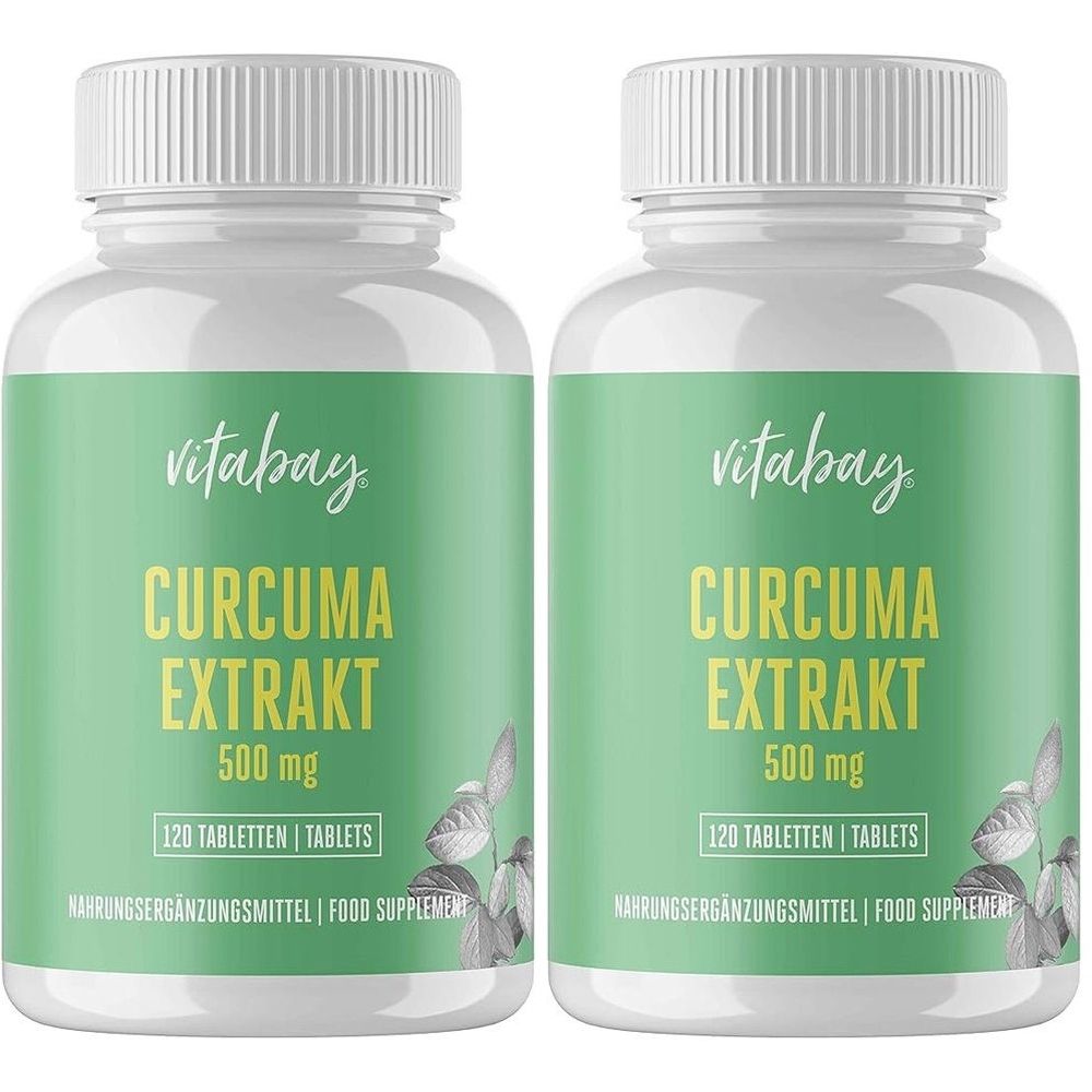 Zwei weiße Flaschen mit grünen Etiketten. Aufschrift: Curcuma Extrakt, 500 mg, 120 Tabletten. Marke: Vitabay. Nahrungsergänzungsmittel.