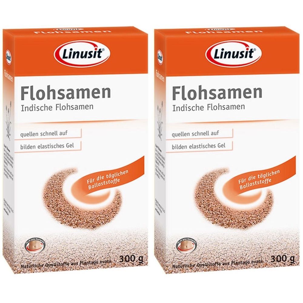 Zwei Packungen mit der Aufschrift "Linusit Flohsamen". Orangefarbener Deckel, weißer Hintergrund. Text: "Indische Flohsamen", "300 g".