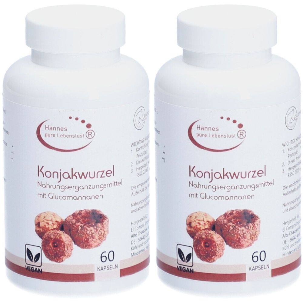 Zwei weiße Flaschen mit Kapseln. Aufschrift: Konjakwurzel Nahrungsergänzungsmittel mit Glucomannanen. Marke: Hannes. Vegan-Siegel. 60 Kapseln.