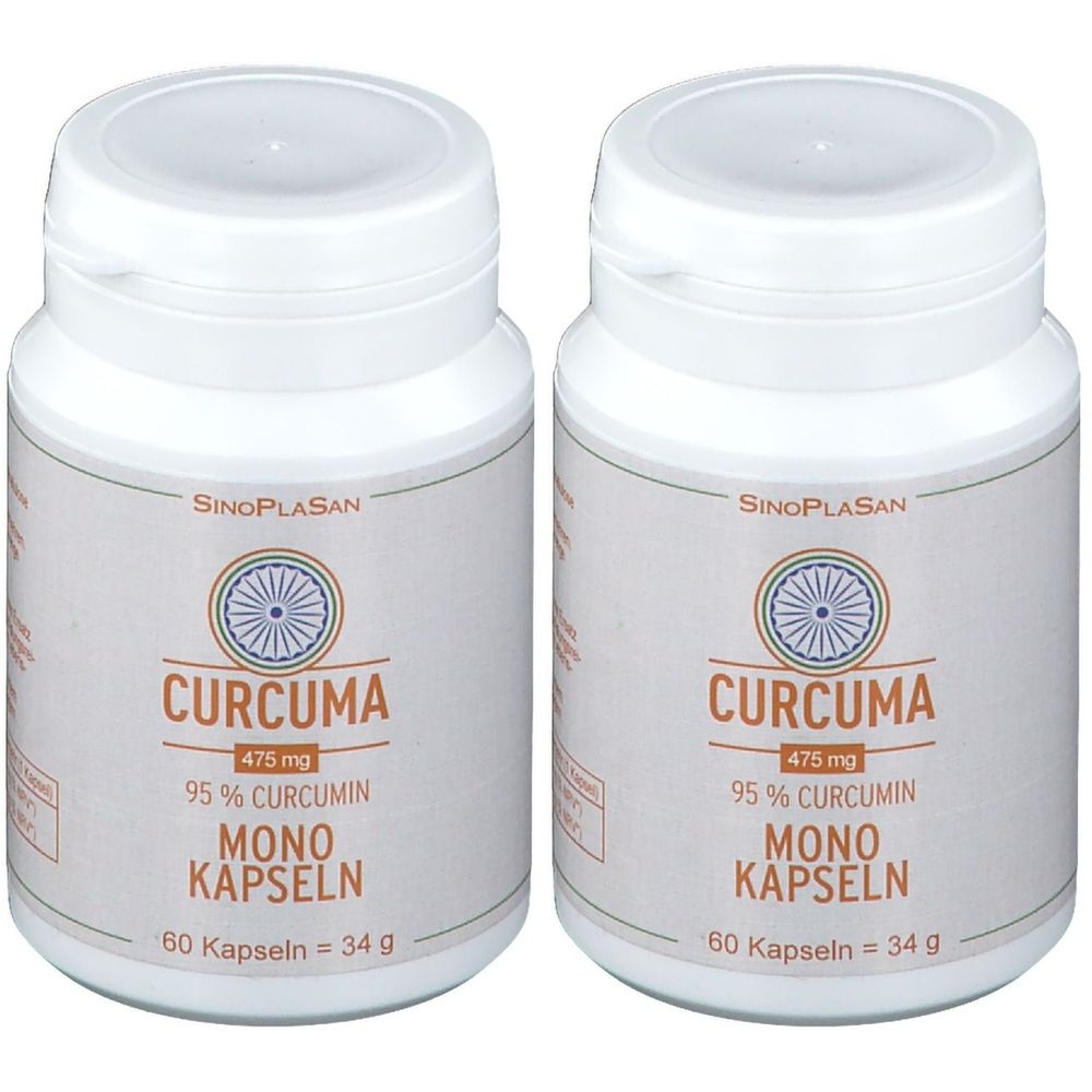 Zwei weiße Flaschen mit Kapseln. Aufschrift: SinoPlaSan, Curcuma 475 mg, 95 % Curcumin, Mono Kapseln. 60 Kapseln = 34 g.