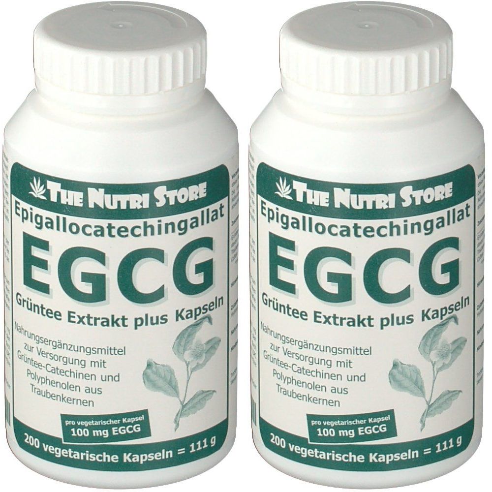Zwei weiße Flaschen mit grünem Etikett. Aufschrift: EGCG Grüntee Extrakt plus Kapseln. Enthält 200 vegetarische Kapseln.