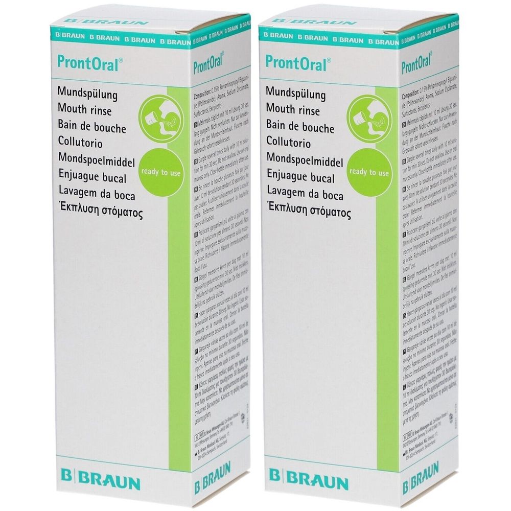 Zwei Kartons ProntOral. Aufschrift: Mundspülung, Mouth rinse, Bain de bouche, Collutorio, Mondspoelmiddel, Enjuague bucal, Lavagem da boca, Έκπλυση στόματος.