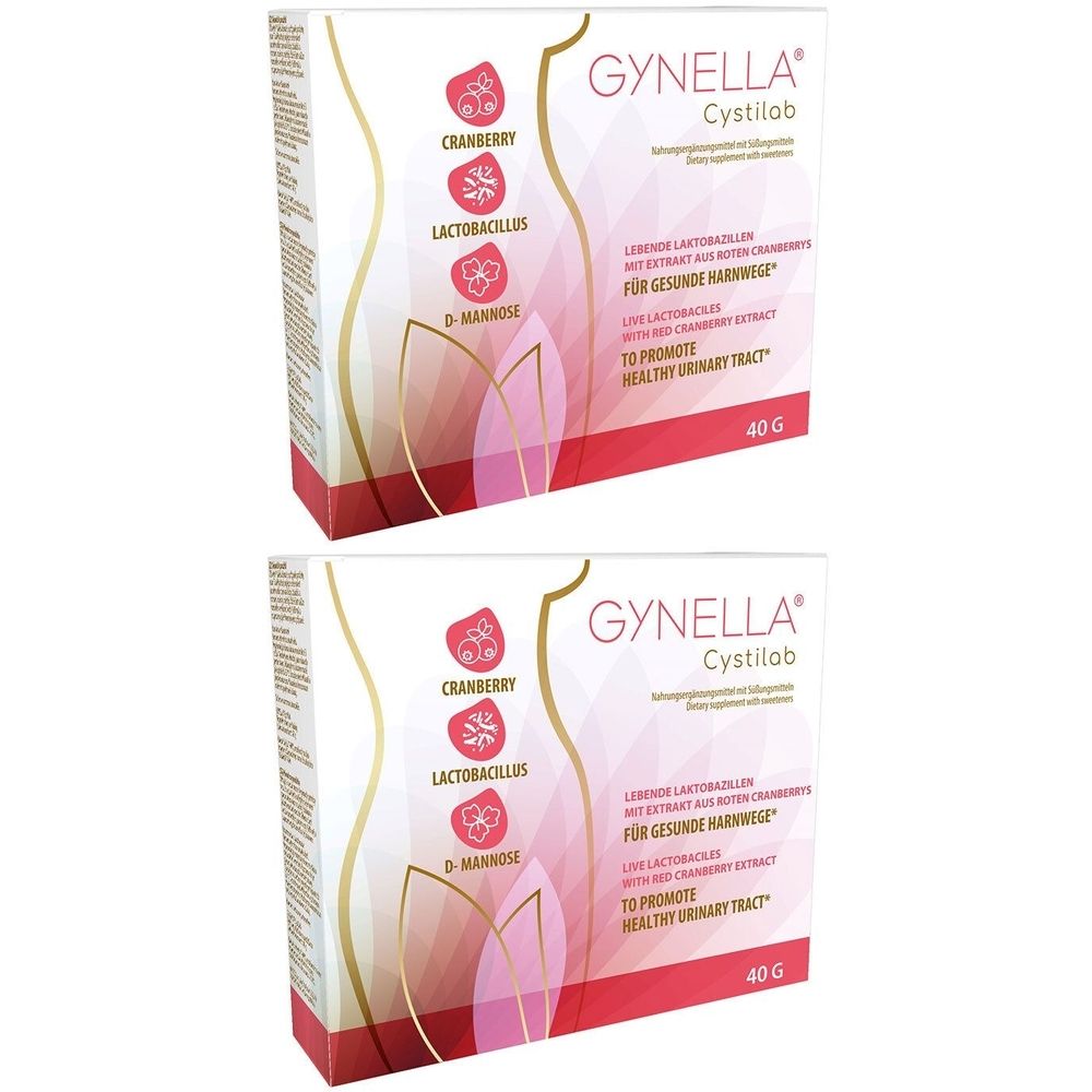 Zwei Schachteln GYNELLA Cystilab. Aufschrift: Cranberry, Lactobacillus, D-Mannose. Text: Für gesunde Harnwege. 40g.