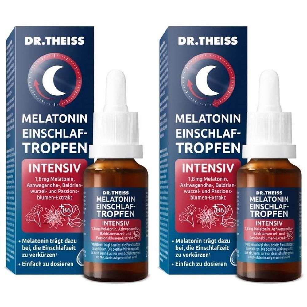 Zwei Flaschen mit Tropfen und Verpackung. Aufschrift: DR.THEISS Melatonin Einschlaf-Tropfen intensiv. Mit Mond-Symbol und floralen Elementen.