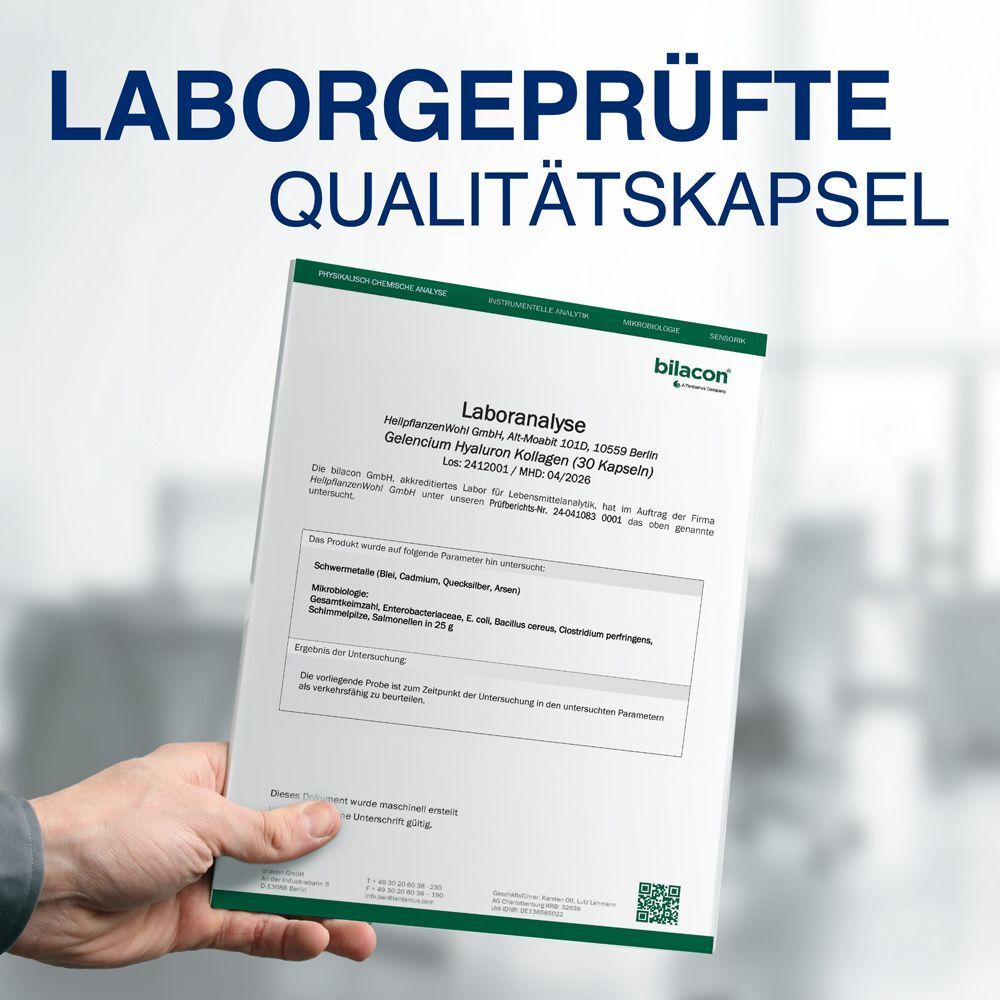 Laboranalyse von GELENCIUM Hyaluron Kollagen (30 Kapseln) von Bilacon.