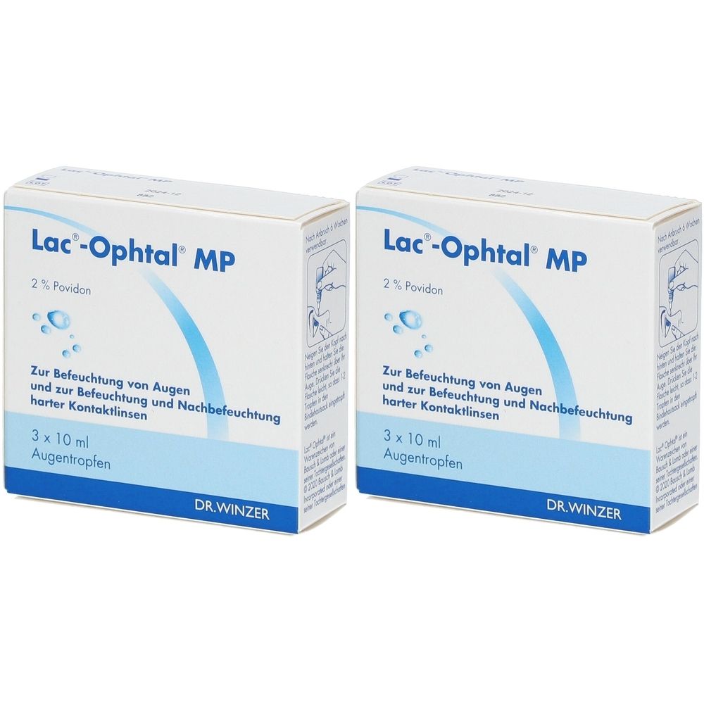 Zwei weiße Kartons mit der Aufschrift Lac-Ophtal MP. Text: Zur Befeuchtung von Augen und zur Befeuchtung harter Kontaktlinsen. 3 x 10 ml Augentropfen.