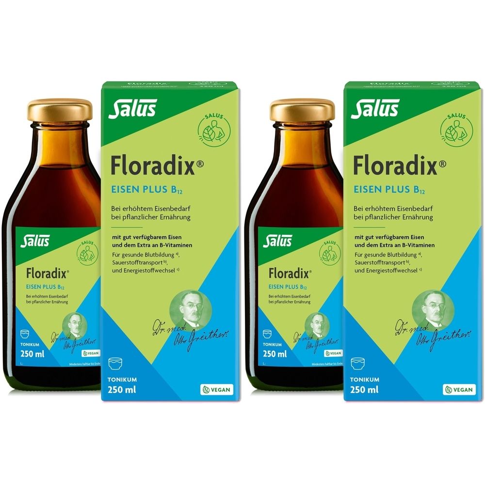 Zwei Flaschen und zwei Schachteln Salus Floradix Eisen plus B12. Braune Flüssigkeit in Glasflaschen mit goldenem Deckel. Grüne Schachteln.