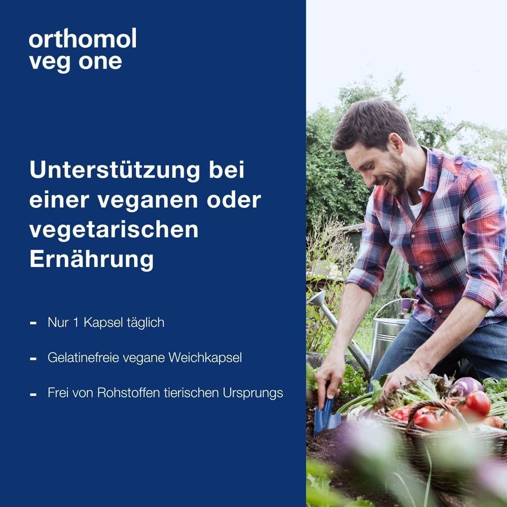 Mann im Garten. Text: Unterstützung bei veganer oder vegetarischer Ernährung. Nur 1 Kapsel täglich. Gelatinefreie vegane Weichkapsel.