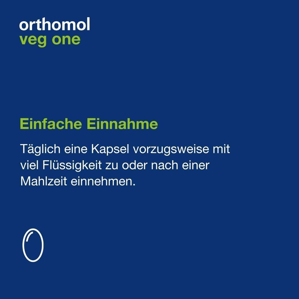 Text: Einfache Einnahme. Täglich eine Kapsel mit viel Flüssigkeit zu oder nach einer Mahlzeit einnehmen.  Weißes Kapsel-Symbol.