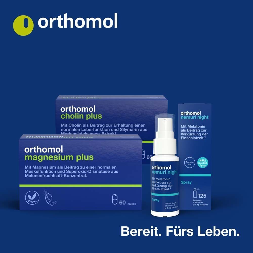 Produkt-Set: Orthomol Cholin Plus, Magnesium Plus, Nemuri Night Spray. Text: Bereit. Fürs Leben.