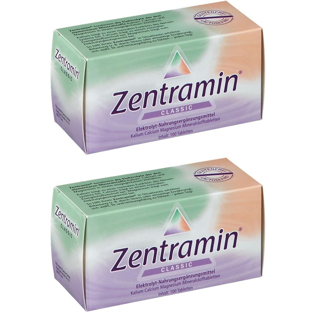 Zwei Schachteln Zentramin classic Tabletten. Grün-lila Verpackung mit Produktnamen und Inhaltsangaben. Enthält 100 Tabletten.