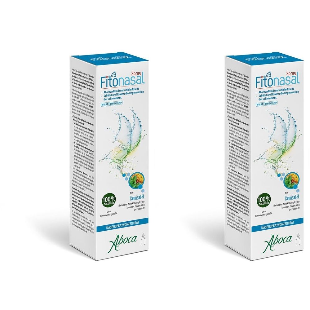 Zwei rechteckige Schachteln. Aufschrift: Fitonasal Spray, Nasenspraykonzentrat. Logo: Aboca. Mit 100% natürlichen Inhaltsstoffen.