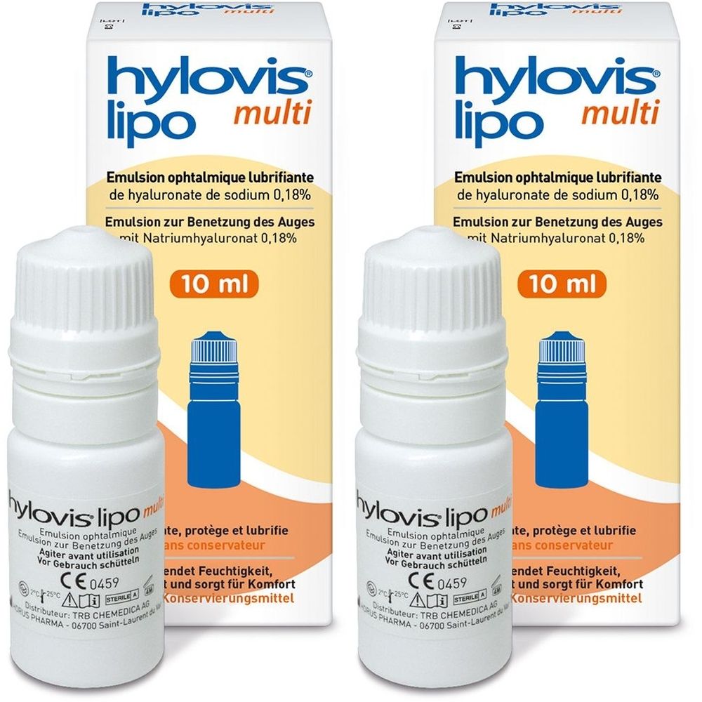 Zwei Flaschen mit weißem Verschluss und Karton. Aufschrift: hylovis lipo multi, 10 ml. Medizinprodukt mit CE-Kennzeichnung.
