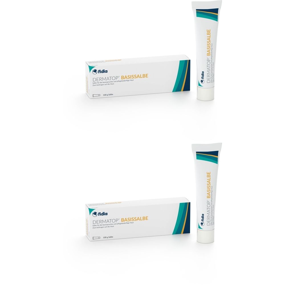 Zwei Tuben und Schachteln Dermatop Basissalbe. Weiße Tuben mit grün-blauen Akzenten. Weiße Schachteln mit grün-blauen Akzenten.