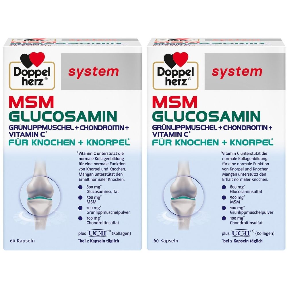 Zwei Packungen Doppelherz MSM Glucosamin. Weiße Schachteln mit Produktnamen und Inhaltsstoffen. Enthält 60 Kapseln.