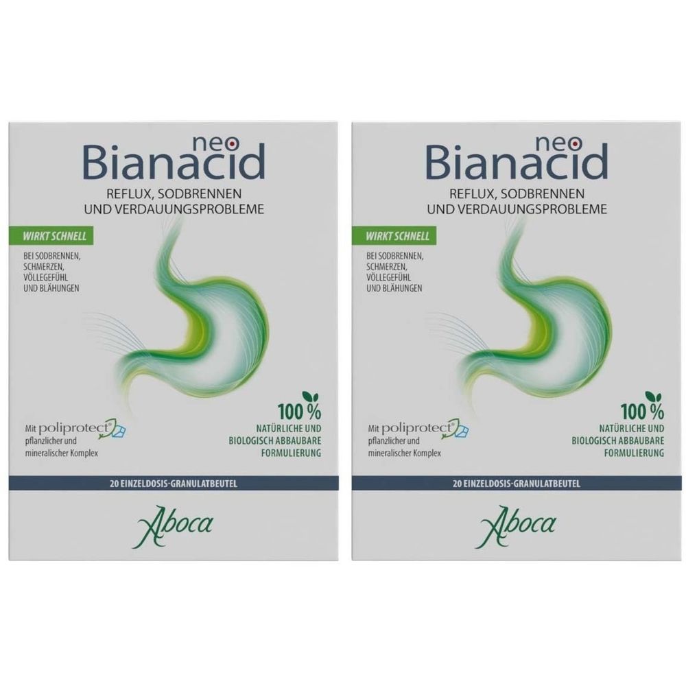 Zwei Packungen NeoBianacid. Aufdruck: Reflux, Sodbrennen, Verdauungsprobleme. Aboca-Logo. 20 Einzel-Dosis-Granulatbeutel.