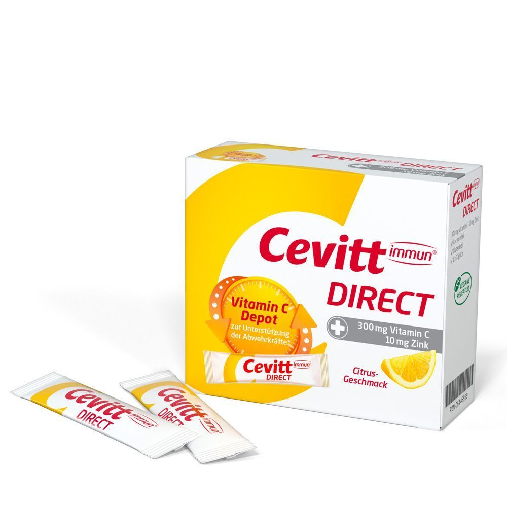Cevitt immun® Direct Packung mit Einzelbeuteln. Aufschrift: Vitamin C Depot, 300mg Vitamin C, 10mg Zink, Citrus-Geschmack. Einzelbeutel daneben.