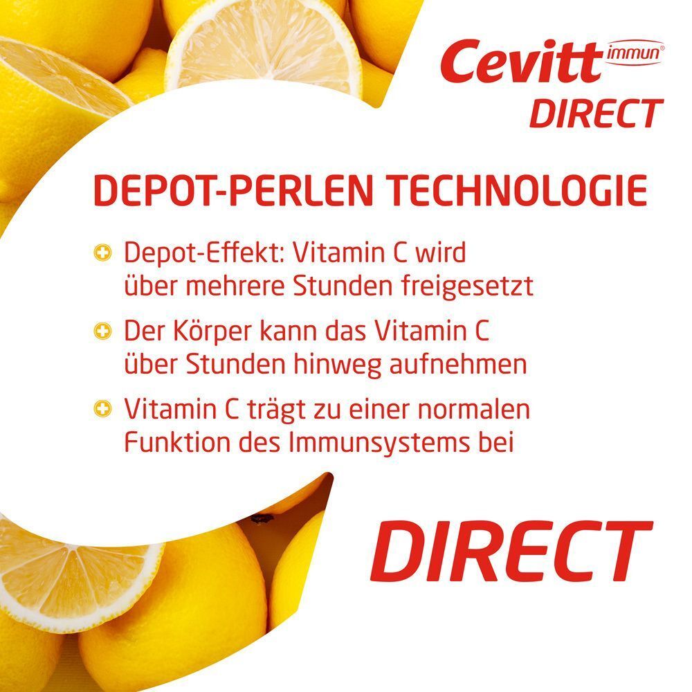 Text mit gelbem Hintergrund und Zitronen. Cevitt immun® Direct. Depot-Perlen Technologie. Text über Vitamin C Freisetzung und Immunsystem.