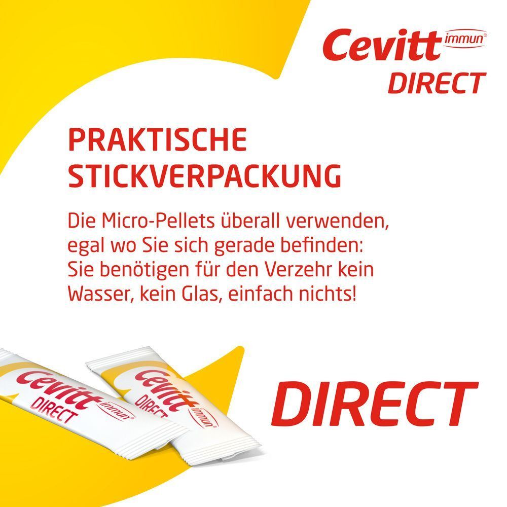 Zwei Cevitt immun® Direct Einzelbeutel. Text: Praktische Stickverpackung. Micro-Pellets überall verwendbar. Kein Wasser, kein Glas nötig.